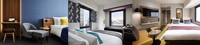 「the b ホテルズ」客室写真(左:the b 赤坂見附、中:the b 大阪 御堂筋、右:the b お茶の水)