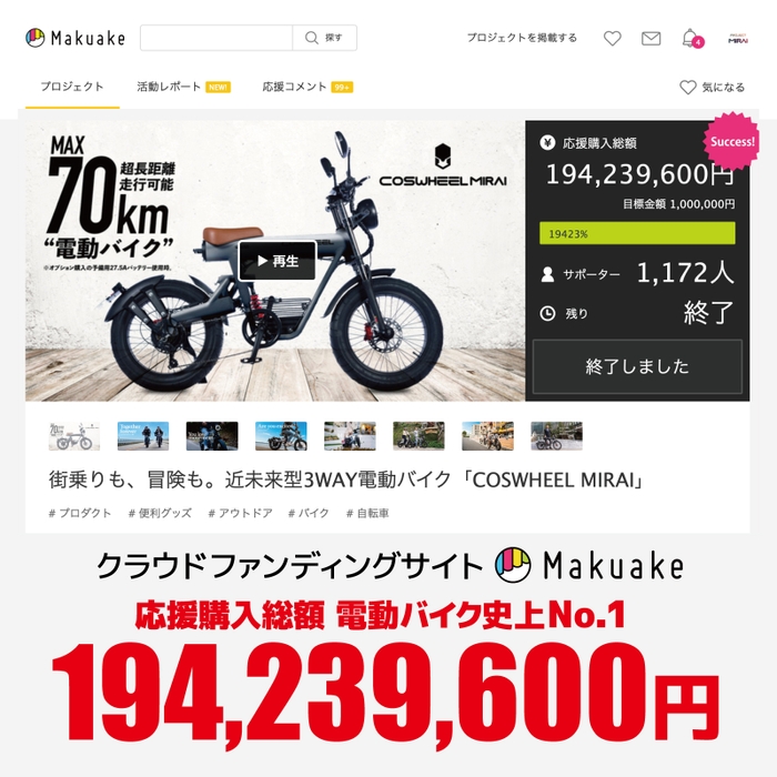 Makuakeで電動バイク歴代1位