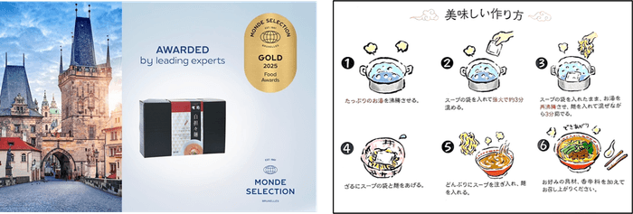 白担々麺2食が入るパッケージ(左)、わかりやすくイラストで作り方を描いた紹介文(右)