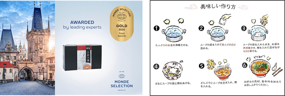 白担々麺2食が入るパッケージ(左)、わかりやすくイラストで作り方を描いた紹介文(右)