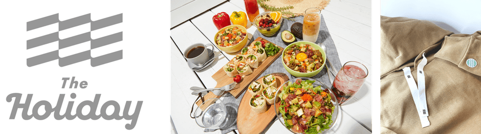 ブランドロゴと「The Holiday（LOUNGE）」で提供販売予定の飲食メニュー・オリジナルグッズイメージ