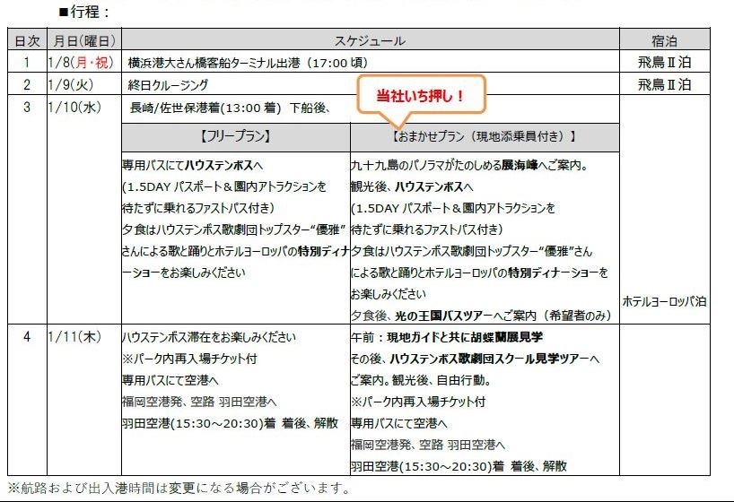 「2018年飛鳥II新春クルーズ」スケジュール