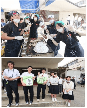 （上）昨年度近梅祭模擬店　（下）昨年度高校生徒会の募金活動