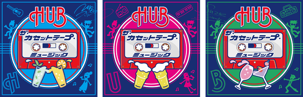 ドリンク購入者に配布されるコラボステッカー3種 マキタ、スージー、カセットガールをあしらったデザイン