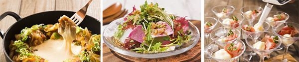 (左)チーズタッカルビ (中央)水菜 大根としらすの梅風味サラダ (右)生ハムとフルーツのエスプーマ