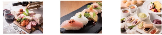 (左から)シャルキュトリー、にぎり寿司、デザート 組み合わせ一例