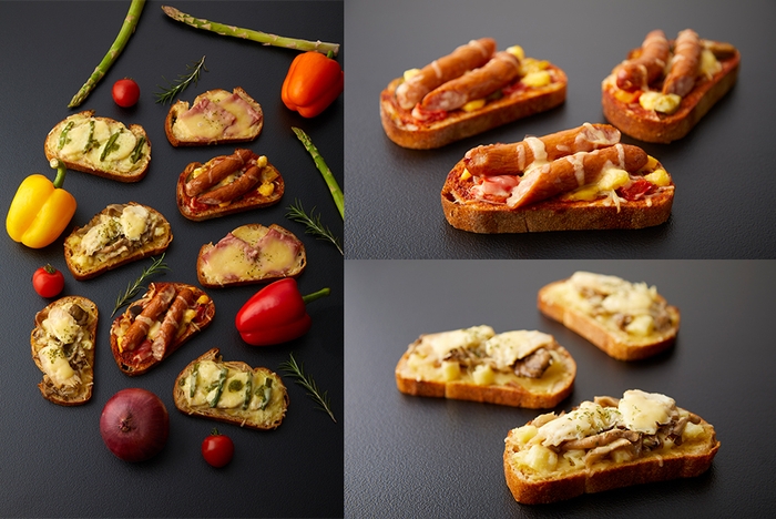 (左)新横浜店オリジナルの新商品「タルティーヌ」/(右上)あらびきスモークソーセージとグリル野菜のタルティーヌ 500円(税抜)/(右下)チキンときのこのタルティーヌ 460円(税抜)