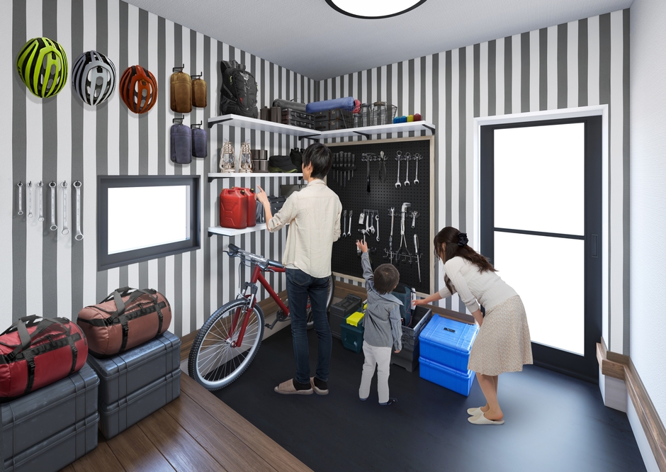 アウトドア用品の収納や趣味を愉しむのに便利な土間付スペース 駐車場側からも出入り可能