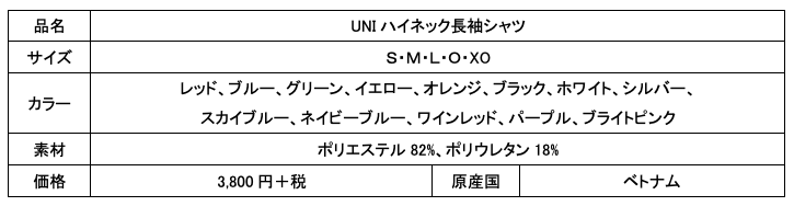UNIハイネック長袖シャツスペック表