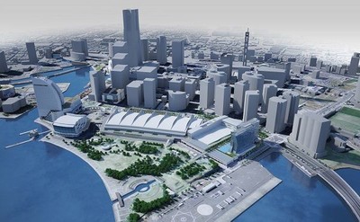 パシフィコ横浜ノース(右・低層部)と既存のパシフィコ横浜(左)(右手前の高層ビルはザ・カハラ・ホテル&リゾート)