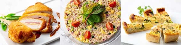 (左から)讃岐コーチン鶏ムネ肉のハムとチーズのパン粉焼き、善通寺産大師もち麦のサラダ仕立て、讃岐コーチンと有機豆乳をつかったキッシュ