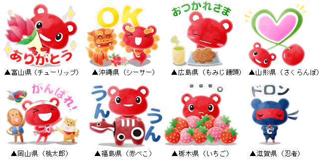 「ご当地コーすけ」動くLINEスタンプのラインナップ