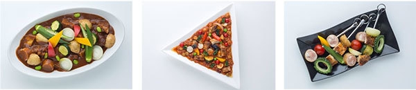 (左)2.5時間煮込んだニコニコシチュー (中)25食材を使用したチリコンカン (右)25時間マリネしたタンドリーチキン