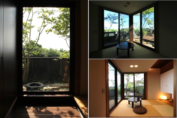 左・中：庭に設置した水鉢にはシジュウカラがやって来ることも　右上下：和室から見た庭