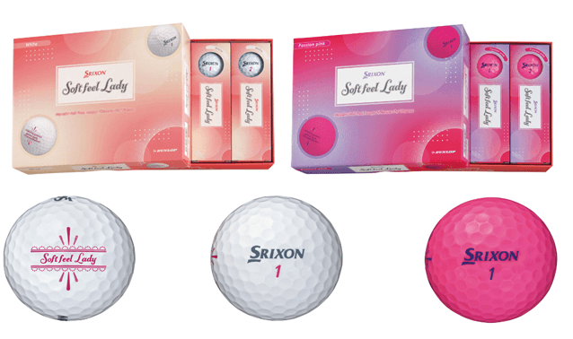写真上、NEW「スリクソン SOFT FEEL LADY」(左:ホワイト、右:パッションピンク) 写真下、左:合わせやすいアライメント機能のあるサイドマークデザイン 中央:ライトグレーにすることでやわらかさを表現したSRIXONロゴ 右:パッションピンクのボールには、パープルのSRIXONロゴ