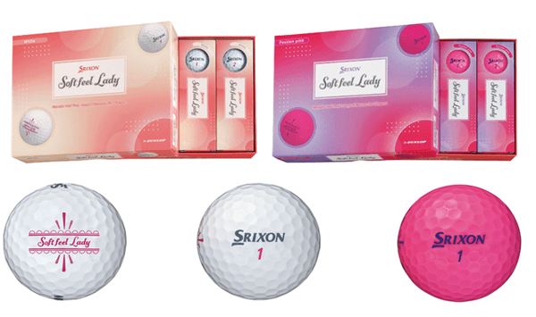 写真上、NEW「スリクソン SOFT FEEL LADY」(左:ホワイト、右:パッションピンク) 写真下、左:合わせやすいアライメント機能のあるサイドマークデザイン 中央:ライトグレーにすることでやわらかさを表現したSRIXONロゴ 右:パッションピンクのボールには、パープルのSRIXONロゴ