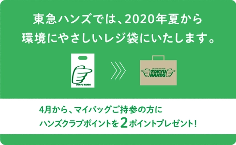 東急ハンズ　2020年夏から環境にやさしい ショッピングバッグに切り替えます　 さらに包装資材の使用量低減に向けて 2020年4月より「マイバッグ推奨」を強化