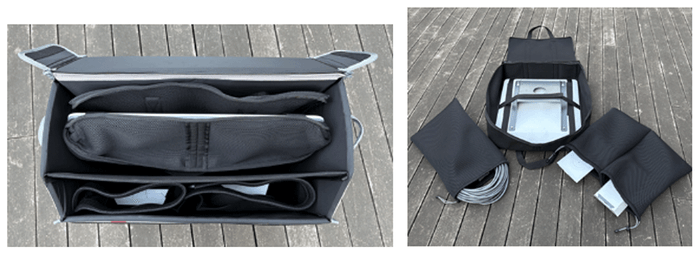 <クッション材を使用したリュックサックの内側生地と各パーツ内袋>