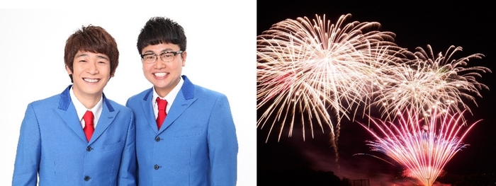 (左)吉本興業所属のお笑い芸人「銀シャリ」が登場、(右)フィナーレを飾る打ち上げ花火の一昨年の様子
