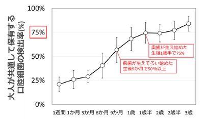 乳幼児期の早い段階(※1)からのお口のケアが大事！ 生後6か月～1歳半は 大人の口腔細菌叢(※2)に大きく近づく重要な時期