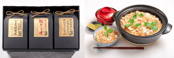 　「近大は美味しい　近大の馳走詰合せ」パッケージ（左）、「近大は美味しい　近大の馳走詰合せ」調理例（右）