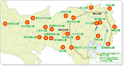 【位置図】東京都建設局所管 「防災公園グループ」21公園、神代植物公園