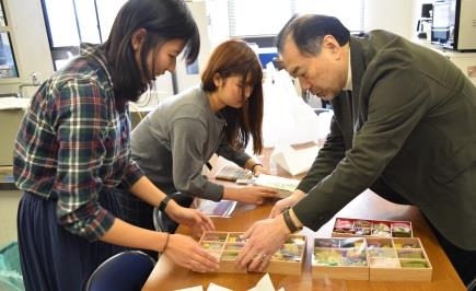 試作したお弁当をチェックする本学科の学生・教員