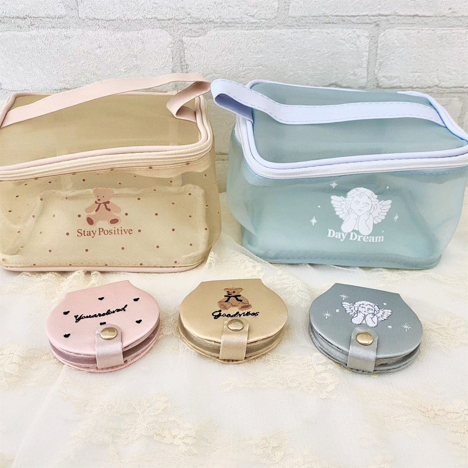 メッシュコスメポーチ/ボタン付き2面ミラー