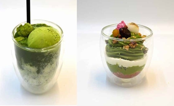 アイス抹茶ラテアイス・求肥付き605円税込・抹茶ミニパフェ550円税込