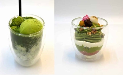 アイス抹茶ラテアイス・求肥付き605円税込・抹茶ミニパフェ550円税込