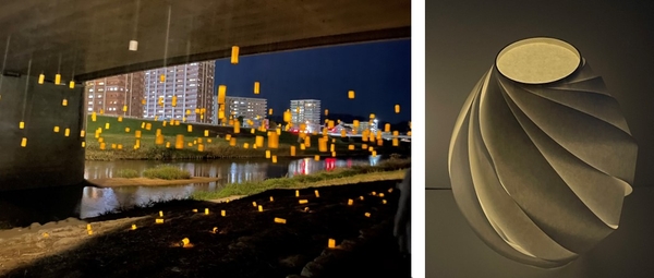 産業理工学部生が過去に制作した吊下灯篭（左）、本イベント用にデザインしたランタンの一例（右）