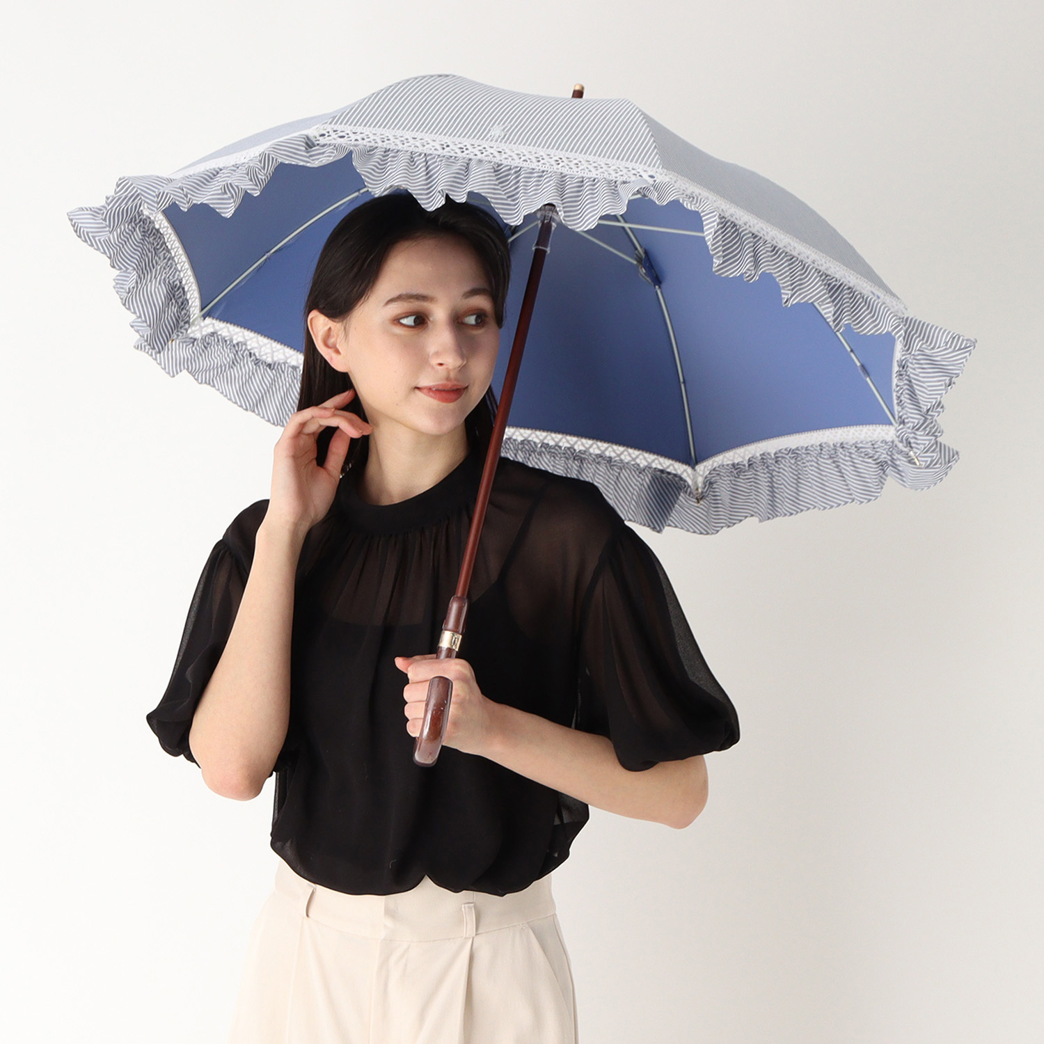 新品】ポロ ラルフローレン 日傘 フリル ストライプ 折りたたみ傘 晴雨