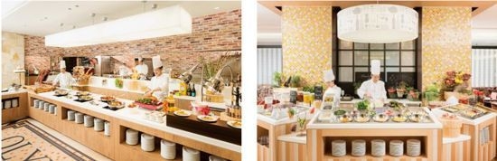 【大好評のライブキッチン・スタイル】(左)音と香りのメインライブ・キッチン(右)マルシェ・キッチン