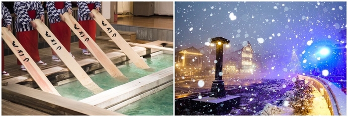 左:草津温泉の湯もみ、右:草津温泉 冬の湯畑