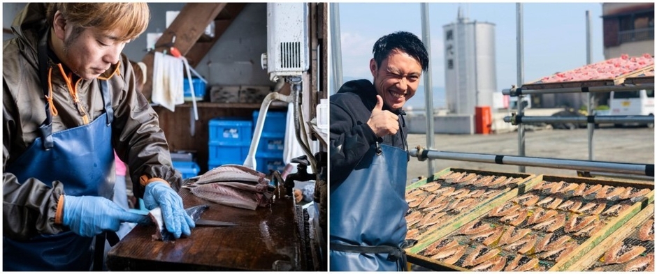 左:ハイパー干物クリエイター藤間さん。右:当社代表山本。藤間さんの元で研修を受けた。