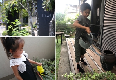 左上/完成したゲート 右/ヘデラに水やりをする齋藤の長男琥太朗くん 左下/建築設計担当佐藤の長女希実ちゃん