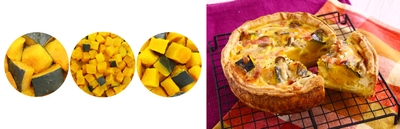 (商品名)冷凍かぼちゃ(えびす)乱切り15kg・10mmダイス15kg・20mmダイス15kg(メニュー名)かぼちゃときのこのキッシュ