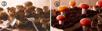 茸ティラミス(3)土に見立てたティラミスから茸型のクッキーを “収穫”(4)赤やオレンジなど カラフルな茸に変身