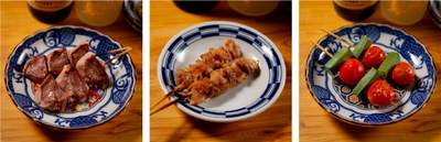 名物 豚タン串、もも串、トマトオクラ串
