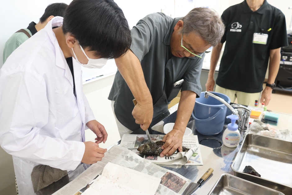 山本准教授から血の抜き方の指導を受ける生徒たち