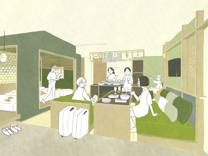 茶の間トリプル　キッチン付　イメージ　＊画像は緑のデザインの客室
