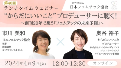 ４月９日(火)開催、日本フェムテック協会主催のランチタイムウェビナーに 奥谷裕子（からだにいいことプロデューサー）が登壇！ “からだにいいこと”プロデューサーに聴く！〜創刊20年で想う「フェムテックの未来予測」〜