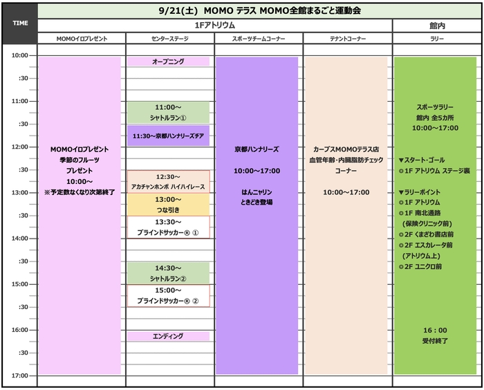 MOMOテラス_MOMO全館まるごと運動会_9/21タイムスケジュール