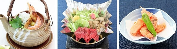  左から）松茸の土瓶蒸し、牛すき鍋、かます酒盗天麩羅
