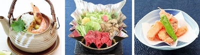 左から）松茸の土瓶蒸し、牛すき鍋、かます酒盗天麩羅