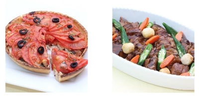 (左)鯖とトマトのタルト (右)豚肩肉のグリエ