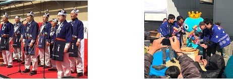 【左】酒造り唄披露の様子(菊正宗)【右】鏡開きの様子(日本盛)