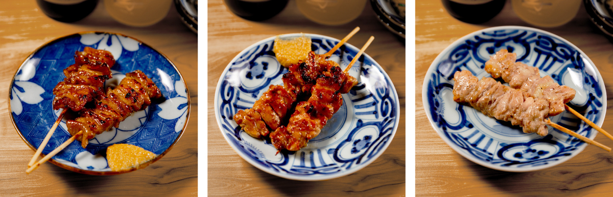 とりかわ串、鶏ハラミ串、鶏ハツ串