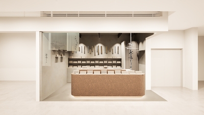 kuyuステラプレイス店の店舗内観。お香の原料となる植物を育む「土」をイメージした什器と白を基調とした落ち着いた空間設計