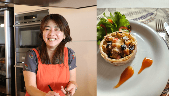 「ごはん比較探Qユニット アジアごはんズ」の「ピリ辛ナスとベーコンのタルト仕立て」